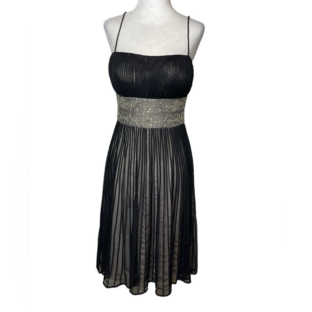JS Collections Black Chiffon Cocktail Dress Beaded Waist | Size 6